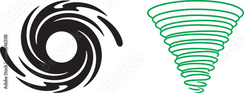 Obraz na płótnie Hurricane and tornado weather icons featuring black spiral vortex and green funn