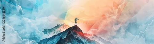 A serene watercolor illustration of a lone violinist playing on a mountain peak, surrounded by swirling clouds Landscape, 3D, Soft, Peaceful   ,X-ray
