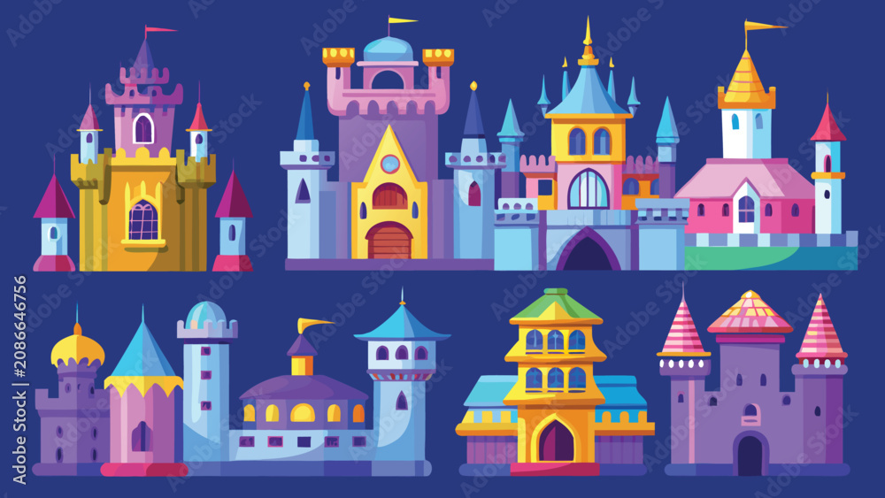Fototapeta premium Fantasy castles in a row with colorful towers and flags during daytime with a dark blue background vector illustration