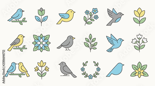 Bild auf Leinwand Flat Vector Icon Set of Birds and Flowers, Including Flying and Perching Birds,