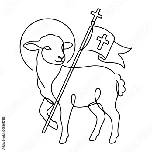 Lamb of God holding christian flag in minimalist continuous line art style