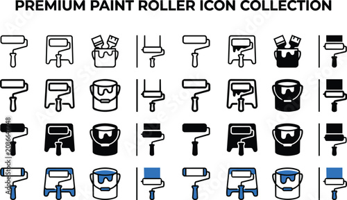 Comprehensive set of professional paint roller and bucket vector icons designed for renovation projects and creative home improvement on transparent background