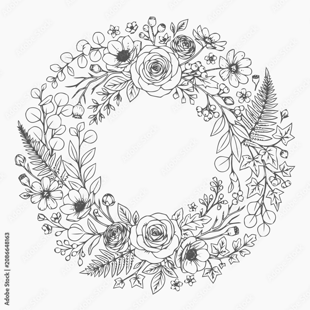 Obraz premium Delicate monochrome floral wreath composed of roses and blossoms in a circular frame.