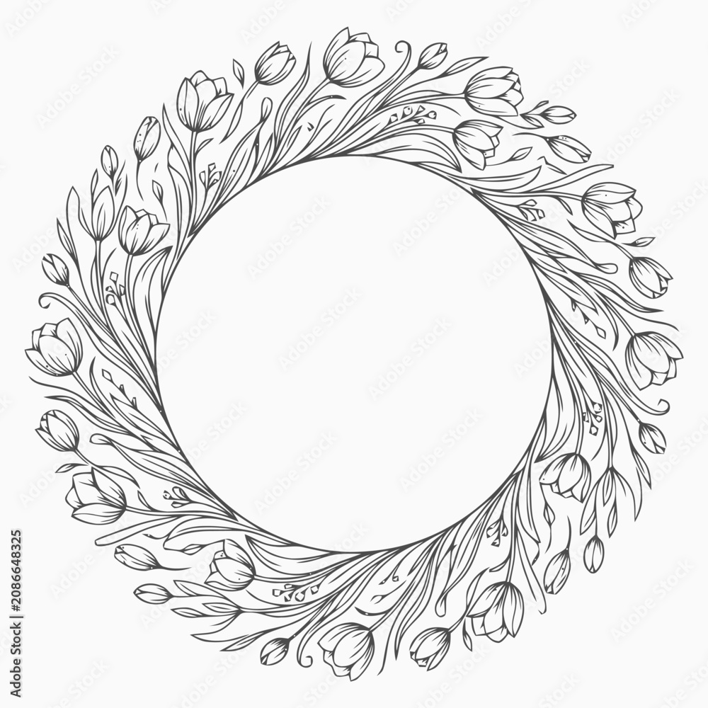 Obraz premium Elegant circular leaf wreath frame with blank center for design projects.