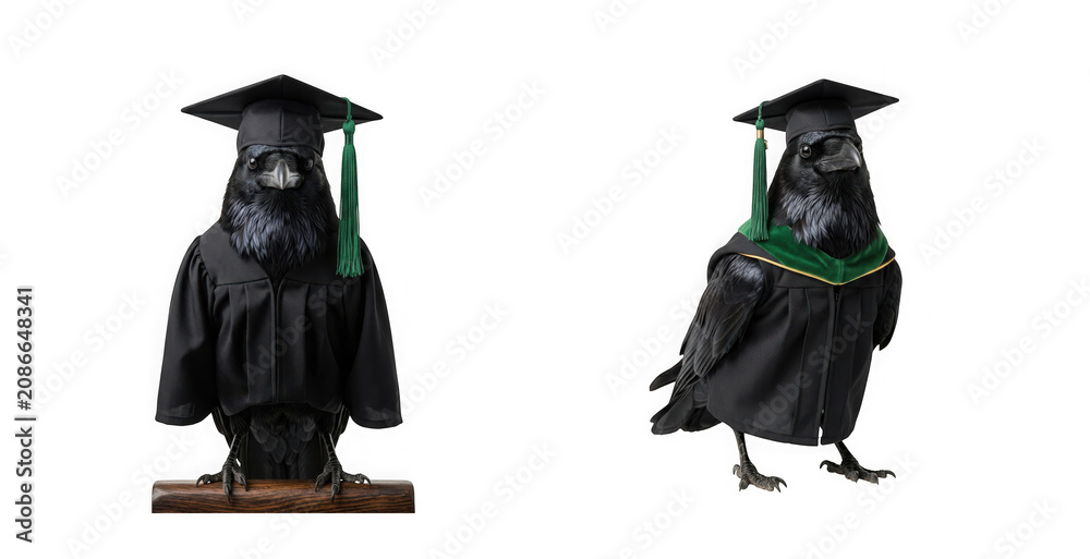 Fototapeta premium Two crows wearing academic graduation caps and gowns isolated on transparent background
