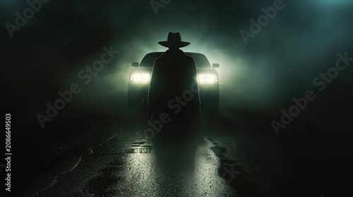 A shadowy figure emerges from a selfdriving car, its face hidden beneath a widebrimmed hat power car