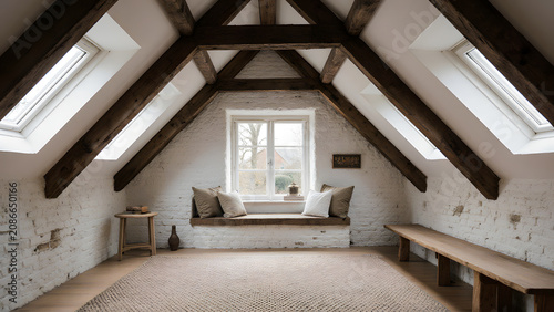 Cozy attic room interior with rustic wooden beams and window seat