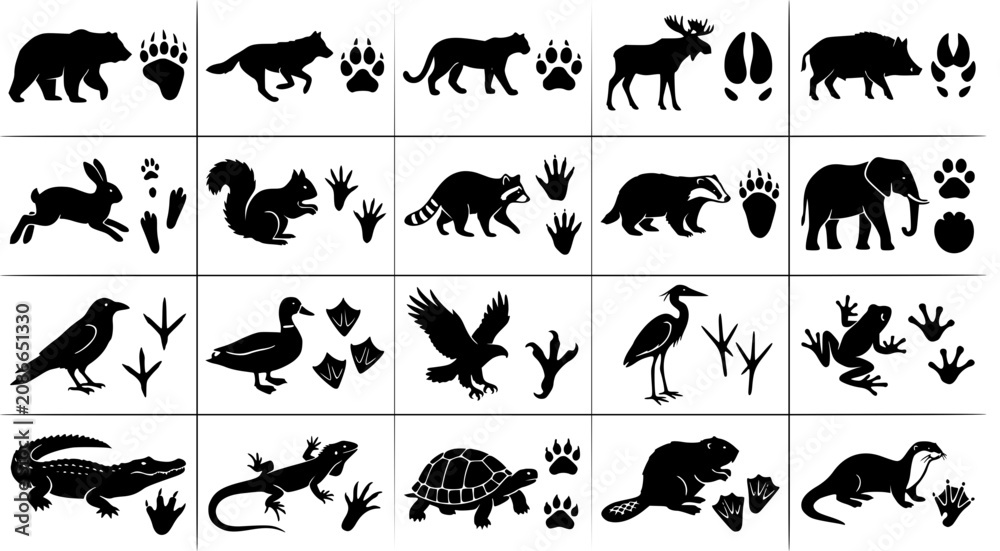 Obraz premium Animal tracking silhouettes featuring footprints and paw prints for identification