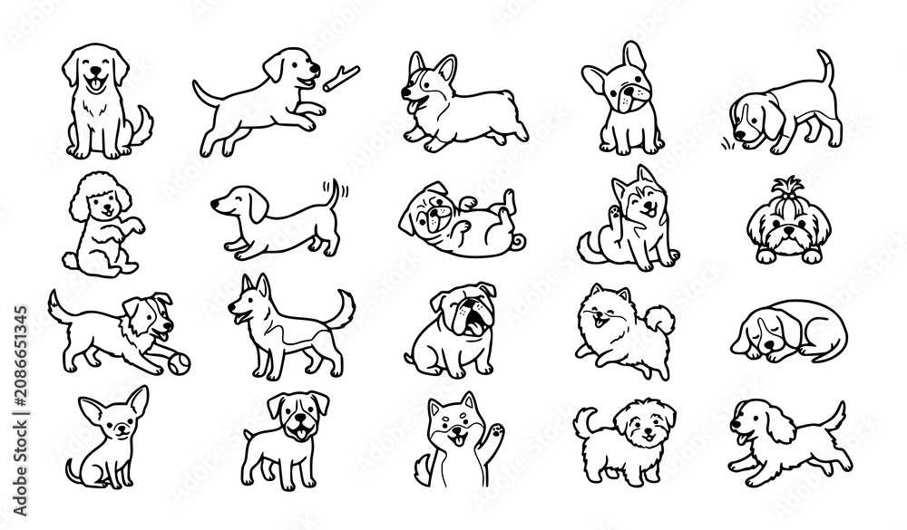 Fototapeta premium Hand drawn dog doodle icons cute puppy line art vector set
