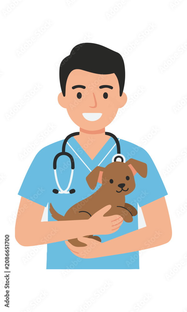 Obraz premium A cheerful professional veterinarian cradling a small brown puppy with floppy ears, isolated on white, pet health care concept