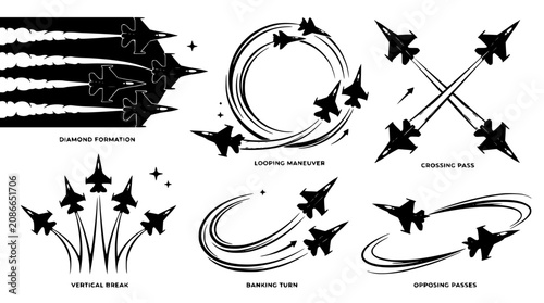 Bild auf Leinwand Military fighter jet airshow maneuvers vector silhouettes set featuring diamond