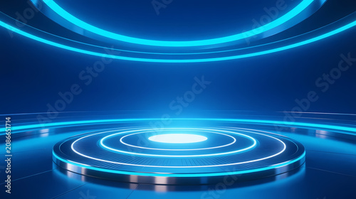 Futuristic glowing stage with neon blue lights