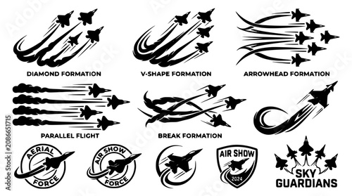 Fotografía Airshow military fighter jet flight formations and badges vector silhouettes set