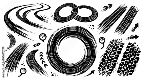 Foto Detailed tire track textures vector set featuring aggressive drift marks burnout