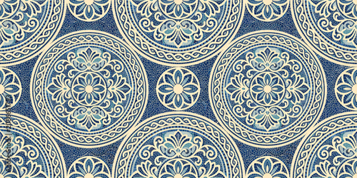 Greek mosaic pattern with circular stone tiles and ancient wave motifs. Mediterranean floor design featuring traditional cobblestone texture and seamless Roman borders.