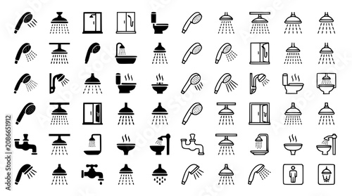 Fotografía Large bathroom and plumbing icon set featuring shower heads toilets faucets bat
