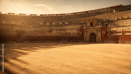 Ancient Roman colosseum arena at sunset. Stone amphitheater interior with sandy floor and vintage red banners. Historical architecture for epic gladiator combat and theatrical spectacle.