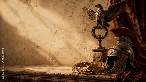 Ancient Roman eagle emblem, imperial helmet and laurel wreath crown on marble table. Historical interior concept for classical antiquity studies, museum exhibition and film production.