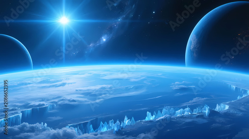 Glowing blue planet in deep space