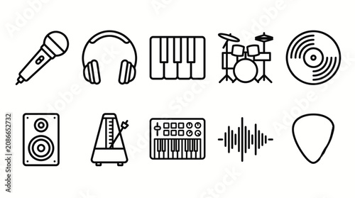 Music icons and audio equipment symbols.