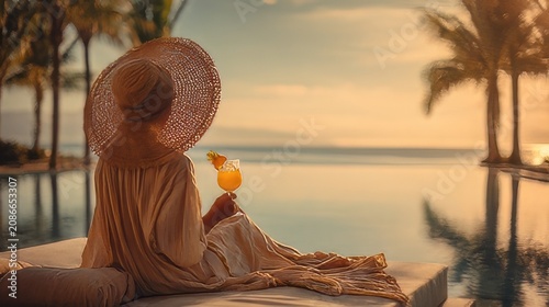 Woman enjoying a vacation at a luxurious tropical resort infinity pool overlooking the ocean at sunset.