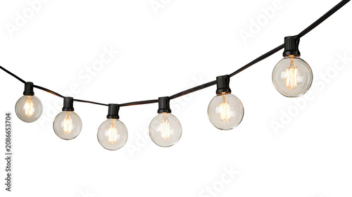 Fotografía String of clear globe Edison bulbs with black sockets, isolated on transparent b