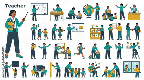 Professional teacher character set, diverse school educator flat vector illustrations, elementary school teaching activities and classroom scenes