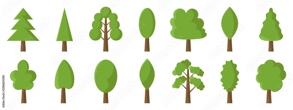 Fototapeta premium Simple green tree collection with stylized forest and park trees for maps, landscapes, ecology projects, educational graphics and nature illustrations