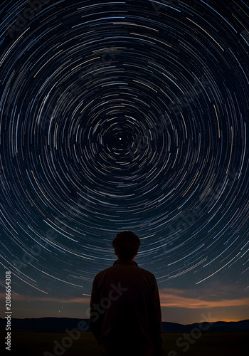Person Silhouetted Against a Starry Night Sky with Star Trails Creating a Majestic Cosmic Scene in the Vast Outdoors