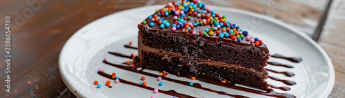 A slice of freshly baked chocolate cake with rich frosting and colorful sprinkles, drizzled with melted chocolate sauce car smile