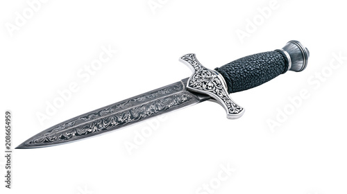 Canvastavla Ornate Damascus steel dagger with textured black handle, isolated on transparent