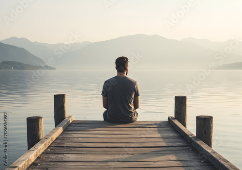 Man Sitting in Silence on a Wooden Pier Overlooking a Calm Lake Surrounded by Majestic Mountains at Dusk