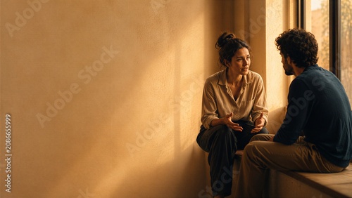 Woman and man talking while sitting on windowsill at home. Emotional connection and communication between couple. Intimate conversation in sunlight for relationship therapy discussion.
