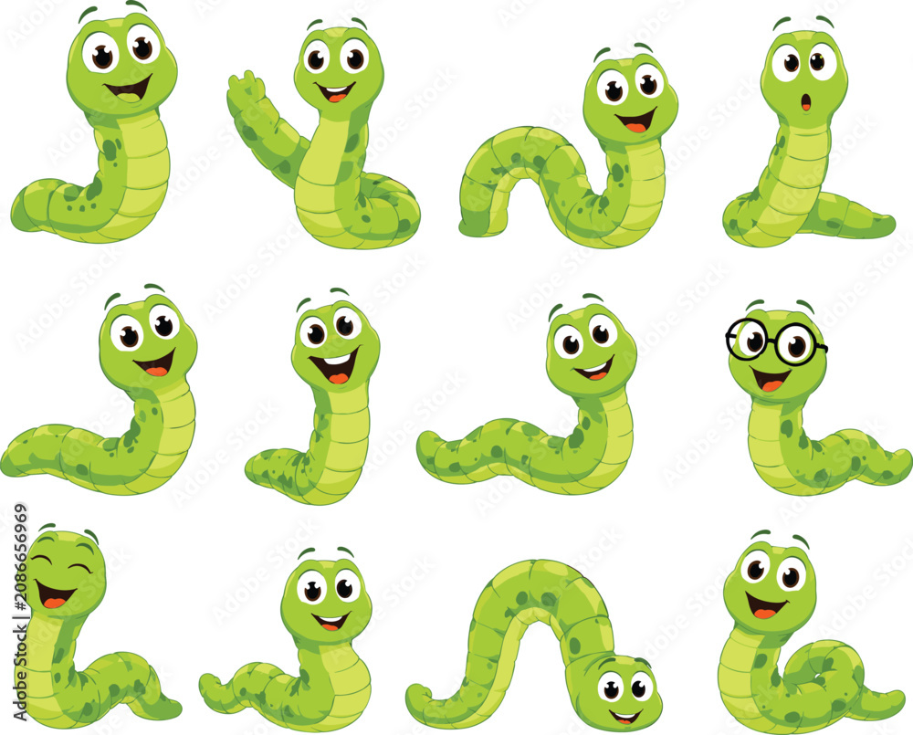 Fototapeta premium Cute Green Caterpillar and Worm Cartoon Character Vector Set with Various Happy Facial Expressions and Poses for Children Education and Book Illustrations