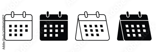 Minimalist calendar icon set, flat black and white time management symbols for business planning and scheduling, vector illustration for digital interface design.