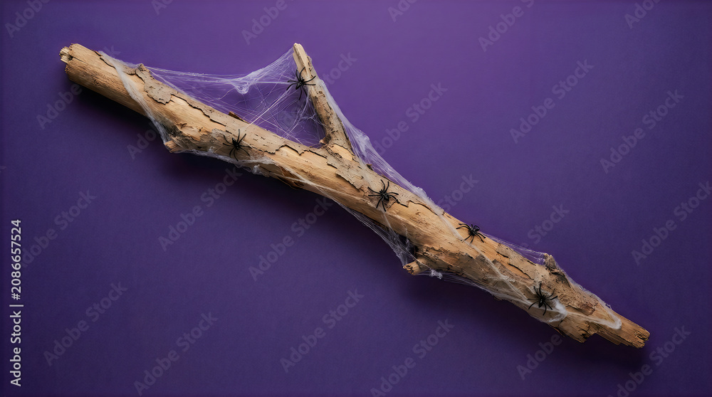 Fototapeta premium Cobweb covered driftwood, purple background, natural still life, eerie atmosphere Halloween