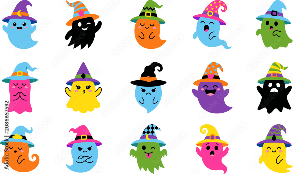 Obraz premium Halloween ghosts in colorful witches' hats on white background