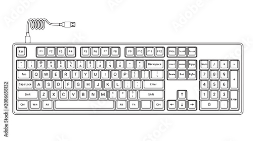 Cuadro en lienzo Mechanical computer keyboard line art vector, wired full-size qwerty keyboard il