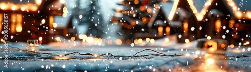 A snowy street with houses decorated with Christmas lights