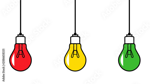 Fotografía Three hanging incandescent light bulbs in red yellow and green, isolated on tran
