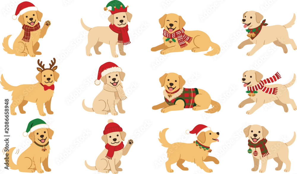 Fototapeta premium Christmas Golden Retriever Puppy Character Vector Set with Santa Hats Scarves and Reindeer Antlers for Holiday Greeting Cards and Festive Digital Designs