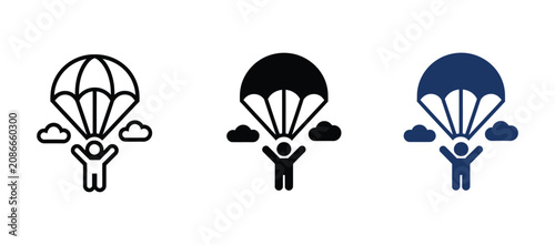 Skydiving parachute icons featuring adventure sports, freefall activities, parachuting equipment, and clean minimalist vector graphics for outdoor recreation and travel design.