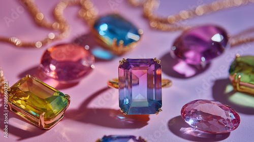 Luxury Pink Blue and Purple Gemstones with Crystal Diamonds Isolated on White Background for Elegant Jewelry Decoration Precious Gift Collection and Beauty Concept