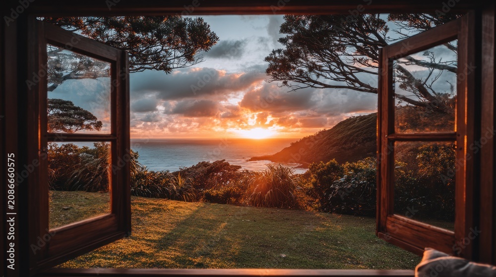 Fototapeta premium Open window revealing scenic sunset over ocean and green hillside landscape