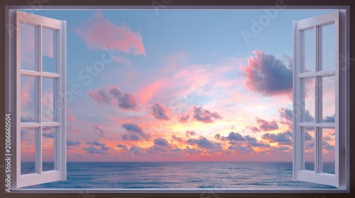 Open window view of sunset sky and ocean horizon with clouds