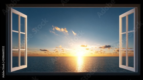 Open window overlooking ocean and sunset with golden sunlight and blue sky