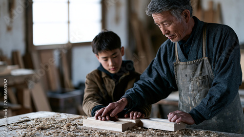 An elderly Japanese craftsman guides a young apprentice's hands over an intricate wood joint in a sawdust-scented workshop, afternoon light slanting through a single window, ideal