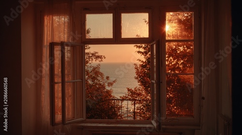 Window view of sunset over sea with trees and balcony warm lighting