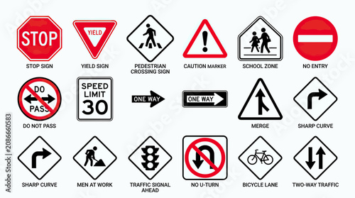 Obraz na plátně Collection of Traffic Signs and Road Symbols - Safety and Navigation