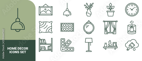Set of 15 outline home decor featuring furniture, lighting, plants, wall textiles, interior accessories, and renovation tools